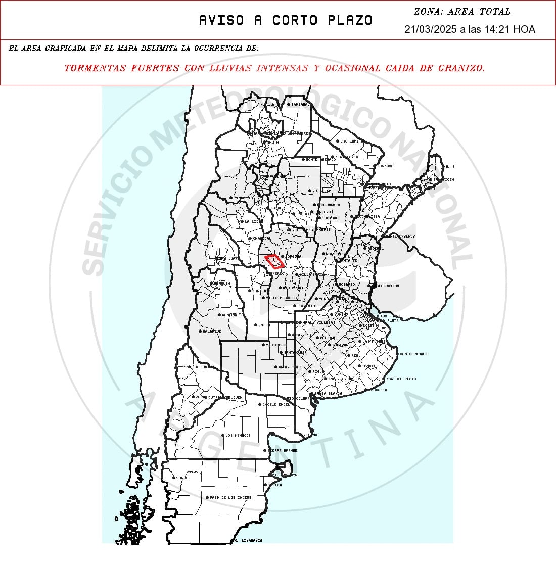 Las áreas afectadas por el aviso a corto plazo en Córdoba.