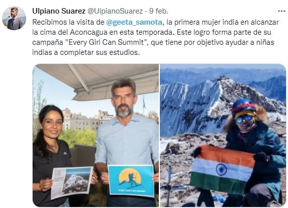 El intendente de la Ciudad de Mendoza, Ulpiano Suarez junto a la andinista Geeta Samota, donde compartieron experiencias y hablaron del proyecto "Todas las niñas pueden llegar a la cima".