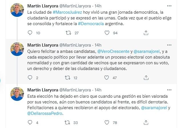 Martín Llaryora y su mensaje en Twitter. (Captura de Pantalla)