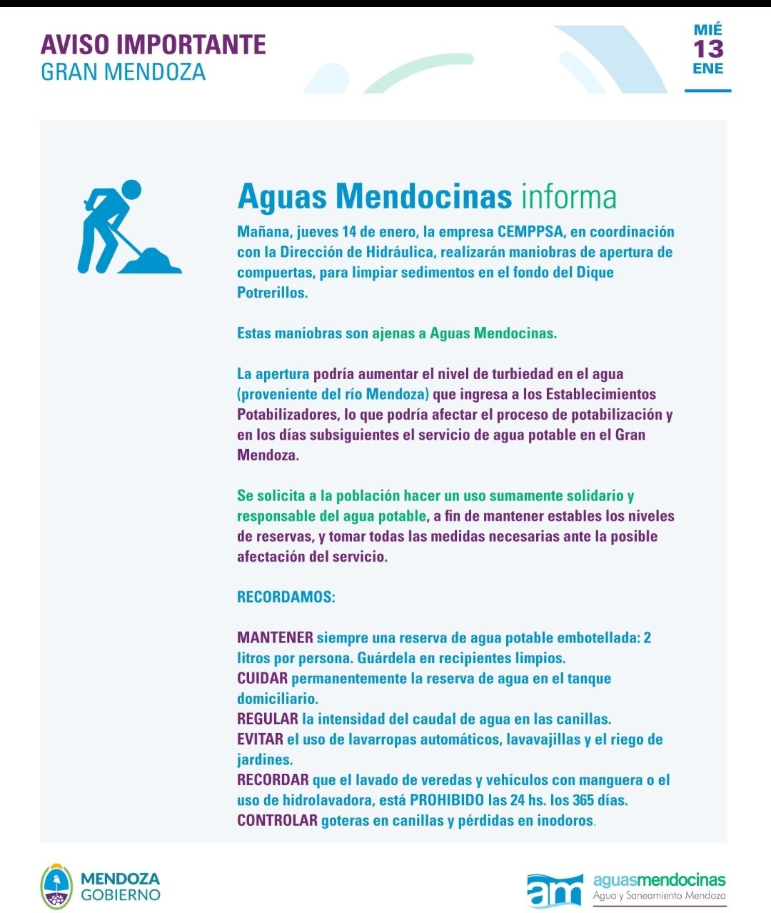 El informe de Aguas Mendocinas avisando de la limpieza. Gentileza