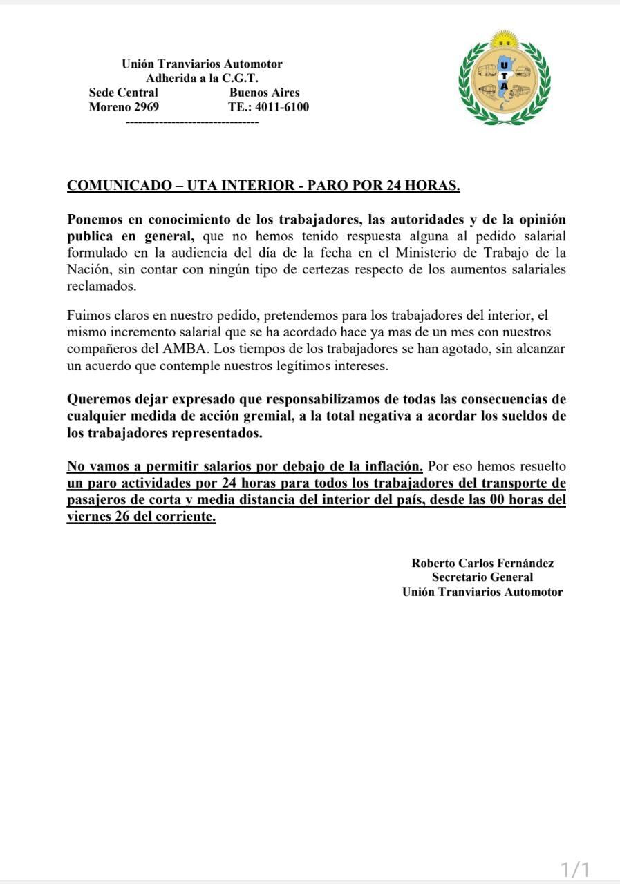 Comunicado de prensa de la UTA.