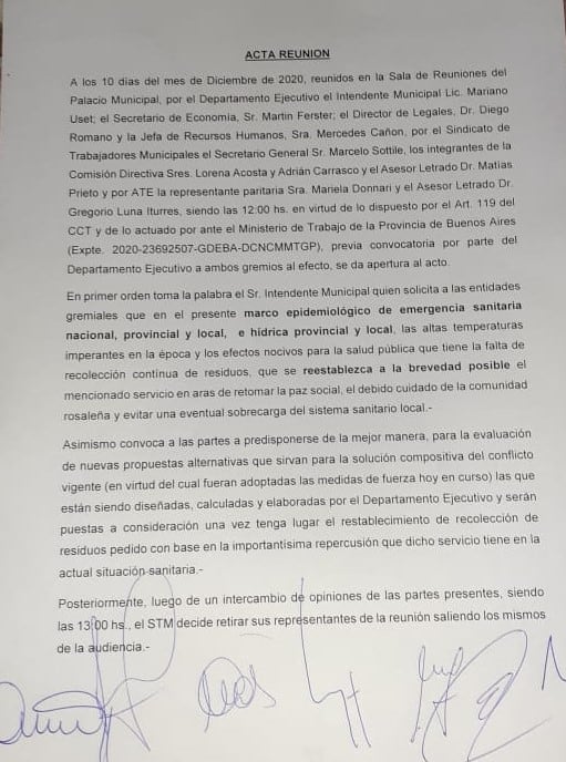 El acta que deja constancia que el STM se retiró de la reunión ante el pedido del DE de brindar el servicio de recolección.