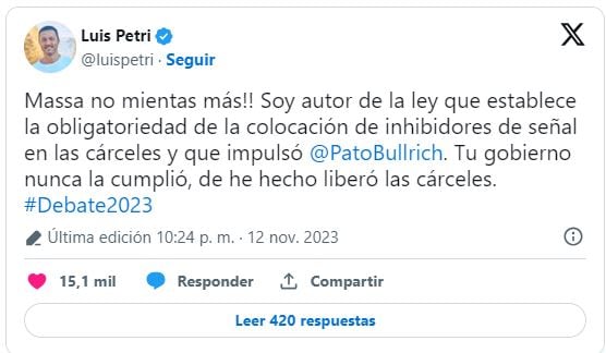 Luis Petri posteó tras el debate presidencial.