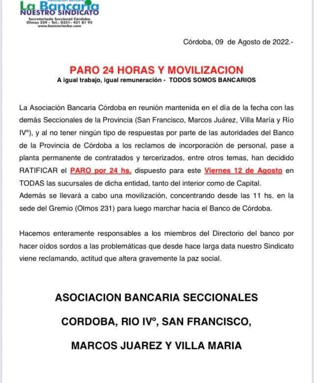 Anunciaron paro y movilización en Córdoba.