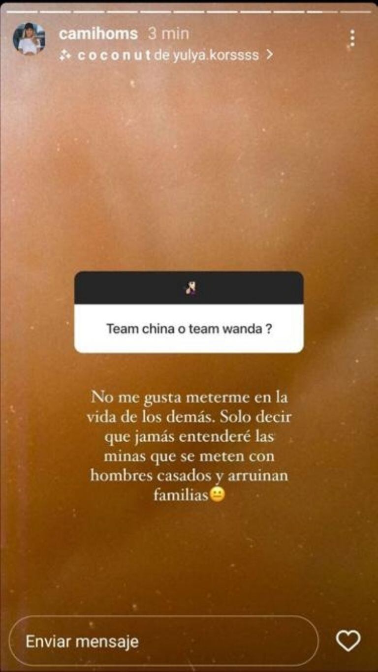 El mensaje de Camila Homs en su cuenta de Instagram.