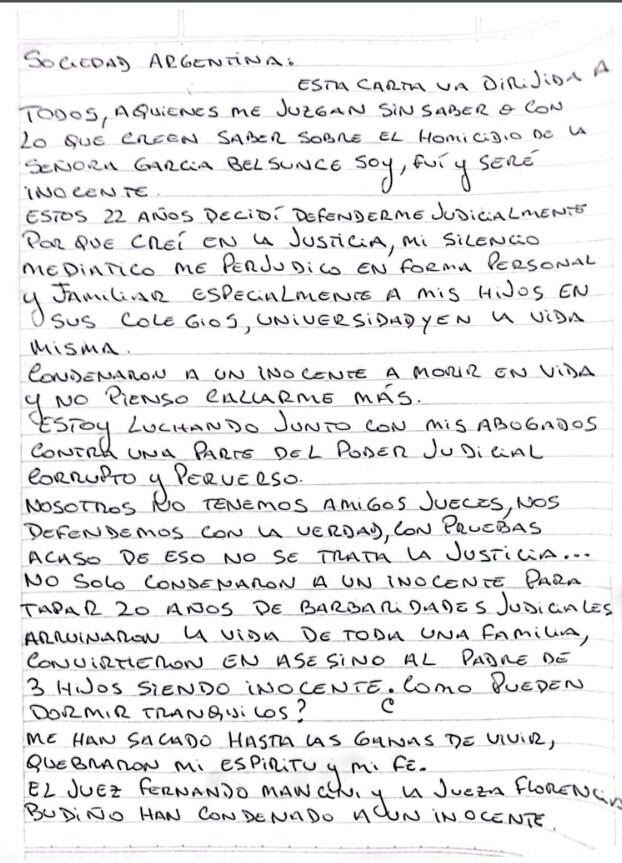 La primera parte de la carta de Nicolás Pachelo dirigida a la sociedad argentina. (Foto: Twitter)