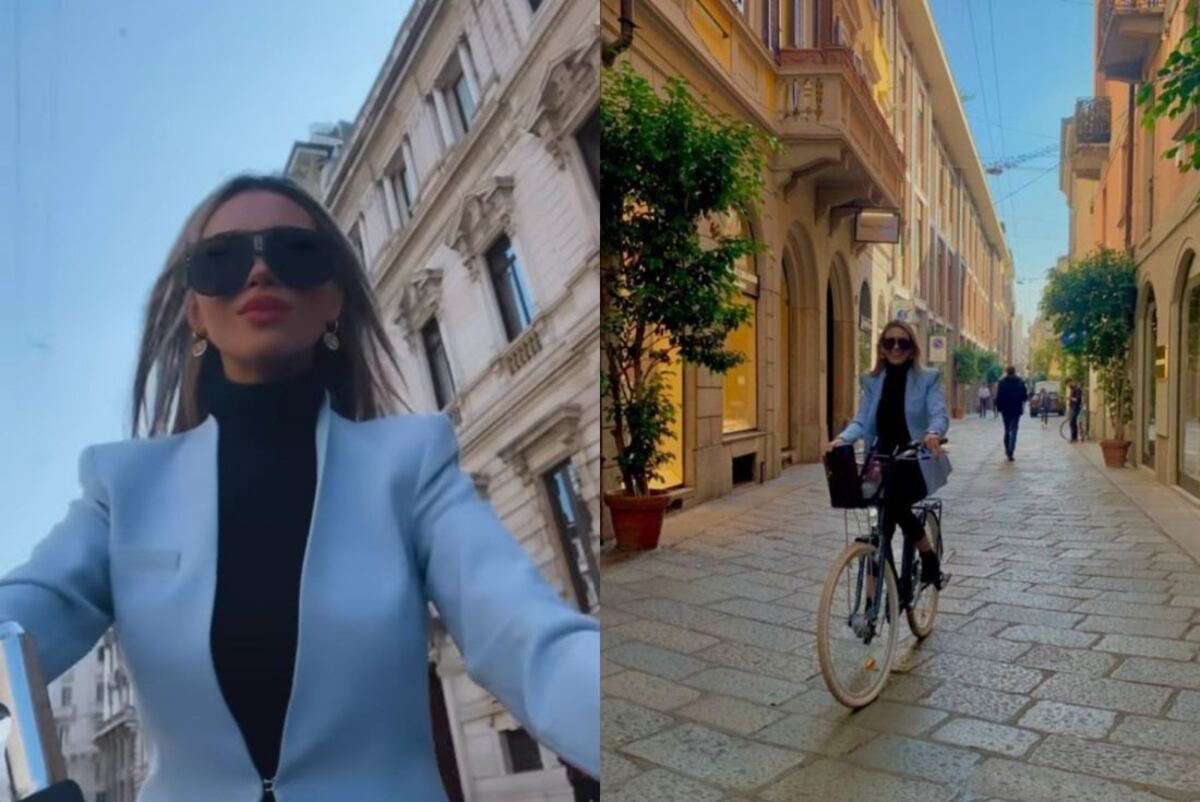 Agustina Gandolfo recorre con glamour las calles de Milán en bicicleta