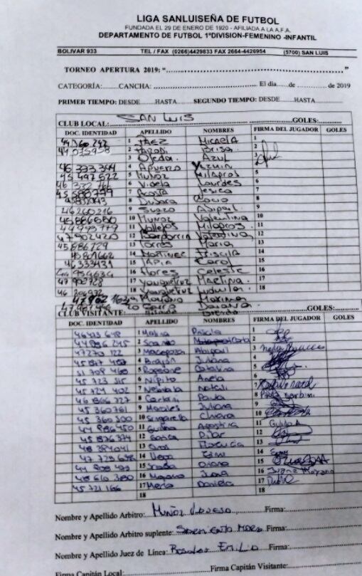 Planilla del encuentro Mendoza vs. San Luis.