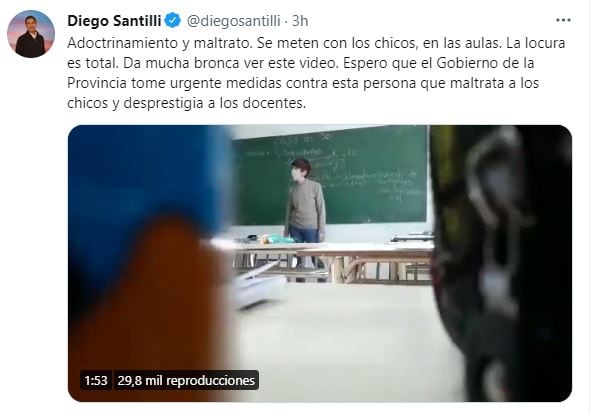 La reacción de Diego Santilli, precandidato a diputado nacional por la provincia de Buenos Aires por Juntos por el Cambio, sobre el video de una docente K criticando al macrismo en plena clase.