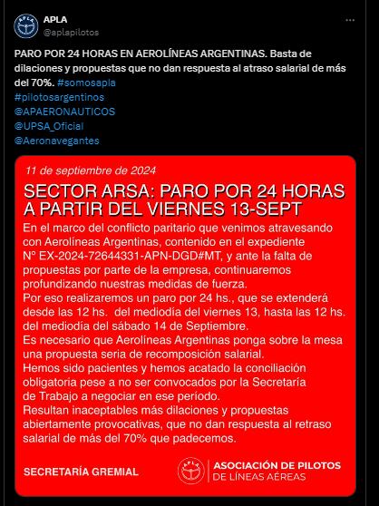 APLA anunció un paro de 24 horas en Aerolíneas Argentinas