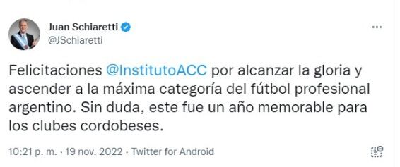 Las felicitaciones de Juan Schiaretti a la Gloria.