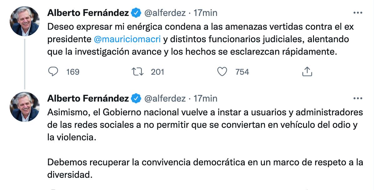 El presidente Alberto Fernández condenó las amenazas contra Mauricio Macri y el fiscal Diego Luciani.