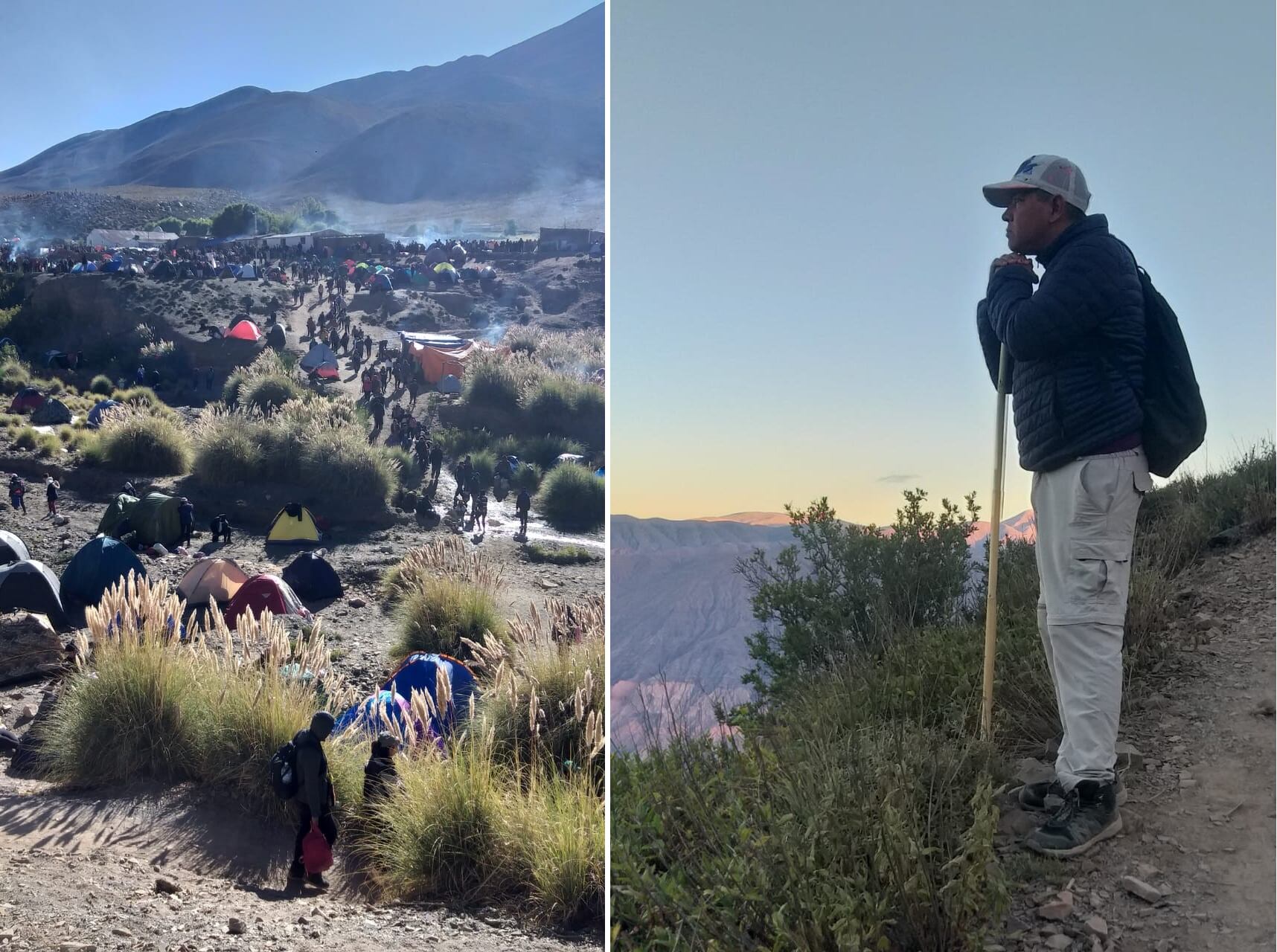 Un multitudinario campamento que se renueva por horas en el abra de Punta Corral (izq.) y el peregrino, Alberto Castagnolo, en la meditación que inspira el imponente paisaje del lugar.