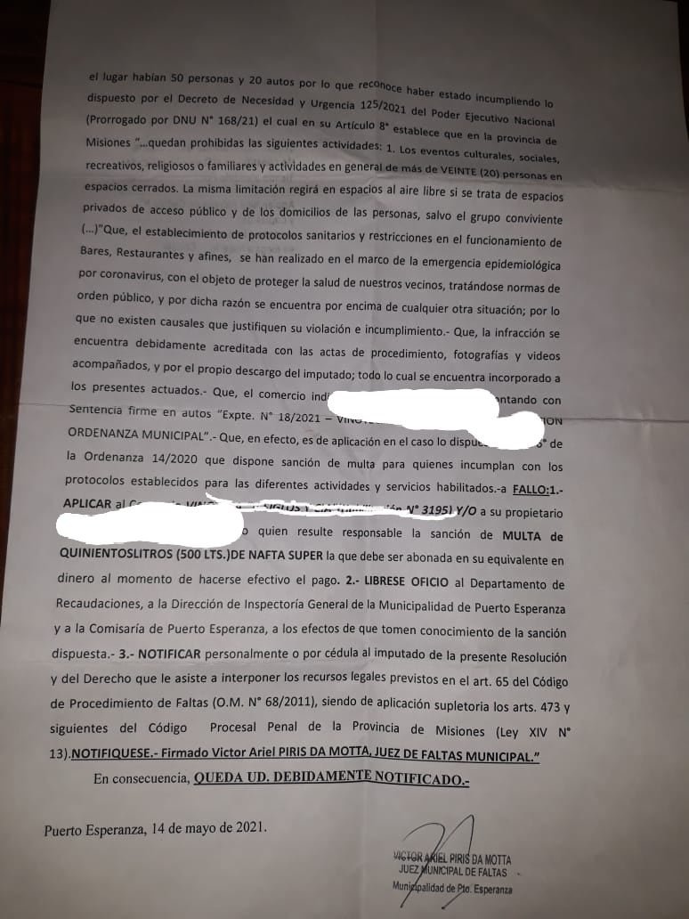 Acta elaborado por el Tribunal de Falta de Puerto Esperanza.