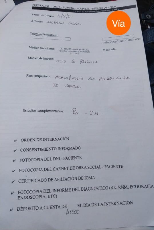 Estudios médicos y presupuesto de la operación para el recambio de cadera. Vende un bono contribución para ayudar a su papá.