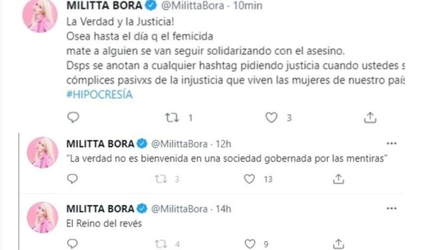 Los mensajes de Militta Bora en la red social. 