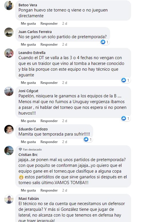 Malestar de los hinchas del Tomba en las redes sociales