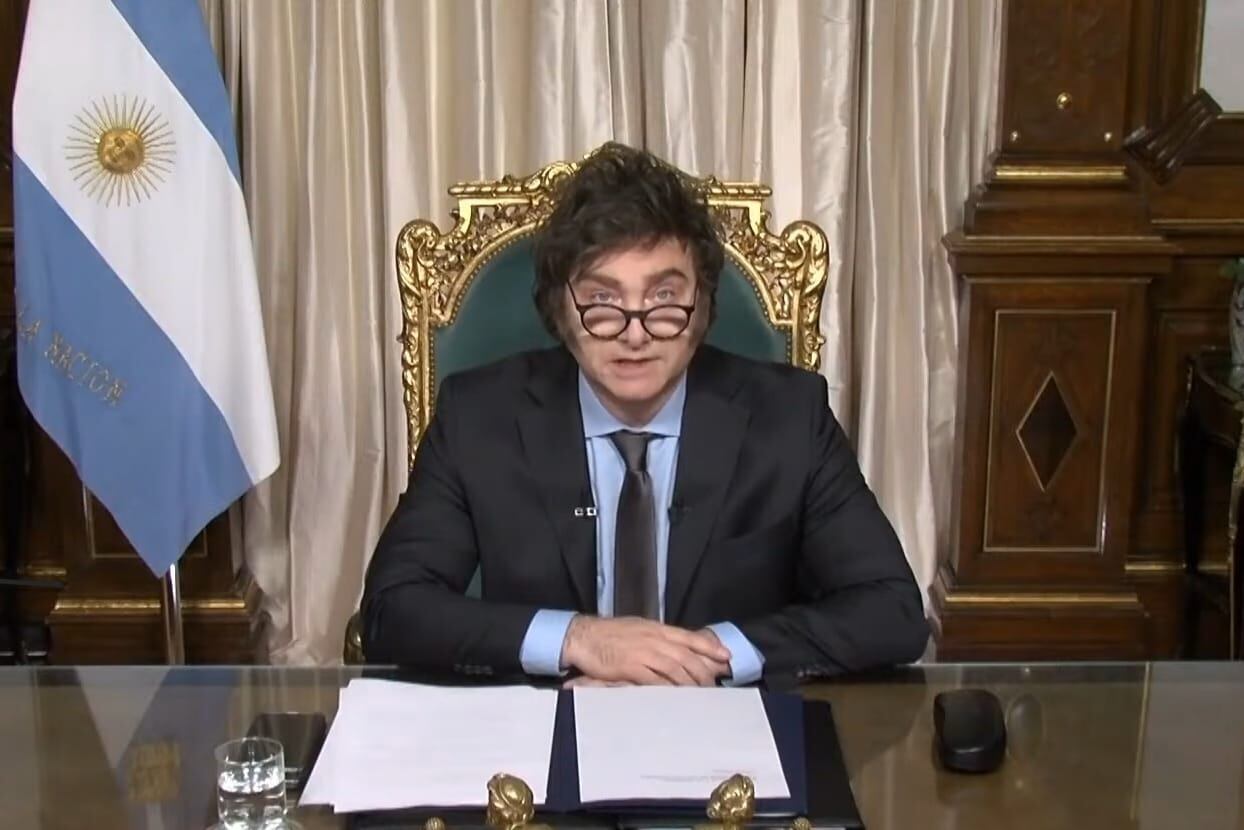 El presidente Javier Milei en la última cadena nacional del año 2023. Foto: Captura