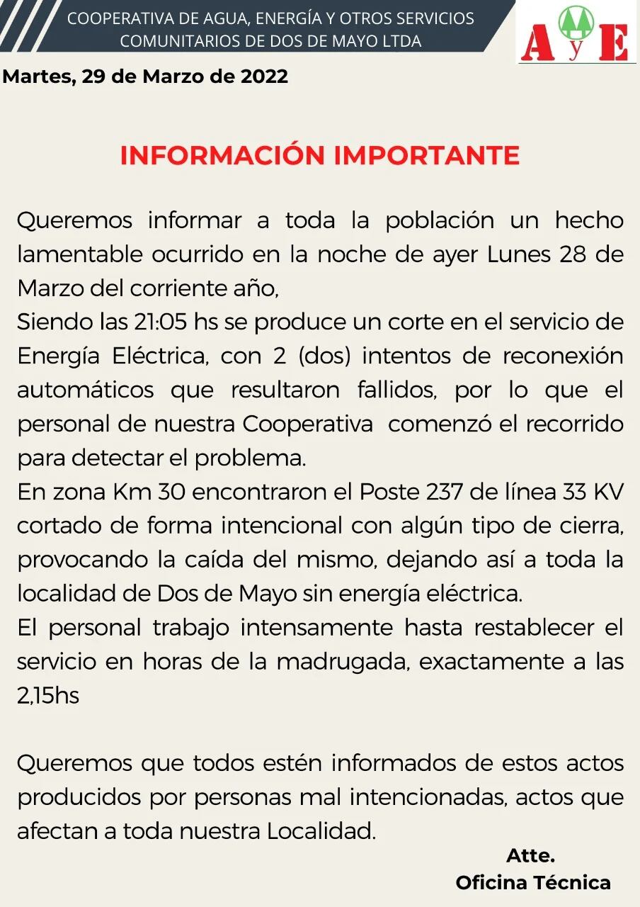 Dos de Mayo: vandalizaron un poste de luz y dejaron sin energía eléctrica a todo el municipio.