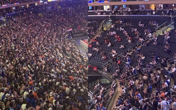 La diferencia de las plateas para vacunados y no vacunados en New York.