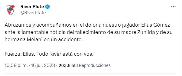 El mensaje de River para apoyar a Elías Gómez.