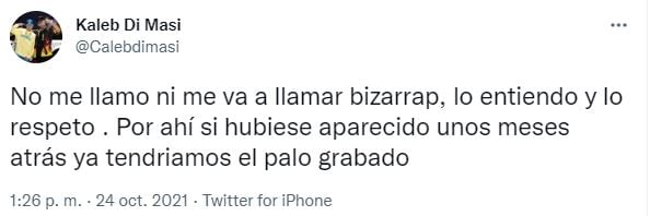 El mensaje de Kaleb Di Masi sobre una sesión con Bizarrap.