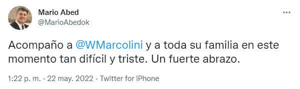 El vicegobernador Mario Abed le mandó sus condolencias al intendente de General Alvear, Walther Marcolini.