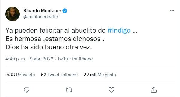 El mensaje de Ricardo Montaner tras la llegada de Índigo