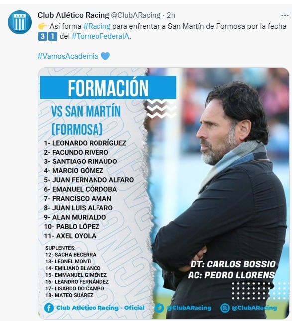 La formación con la que Racing defendió la punta en Formosa.