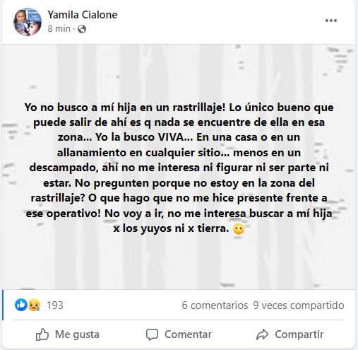 Posteo de Yamila Cialone, mamá de Guadalupe Lucero.