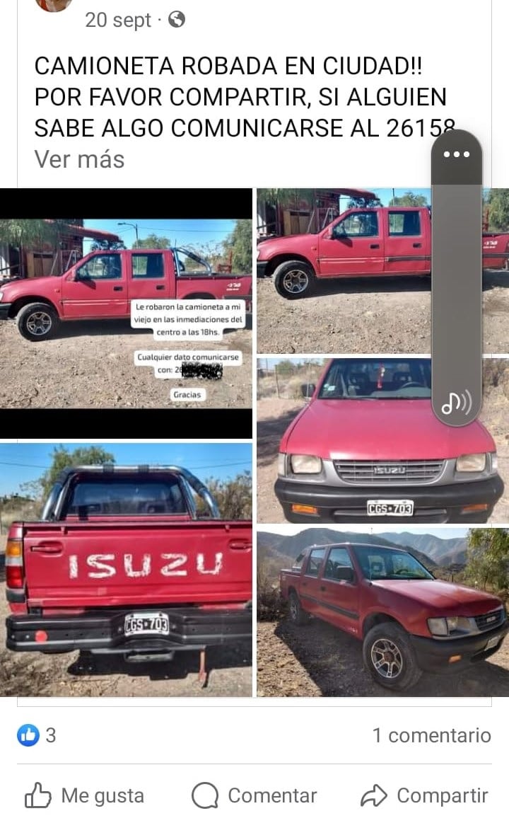 La publicación en Facebook, de la camioneta robada,