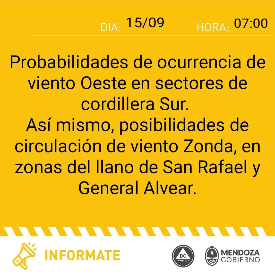 Alerta amarilla en el llano de San Rafael y Gral. Alvear.