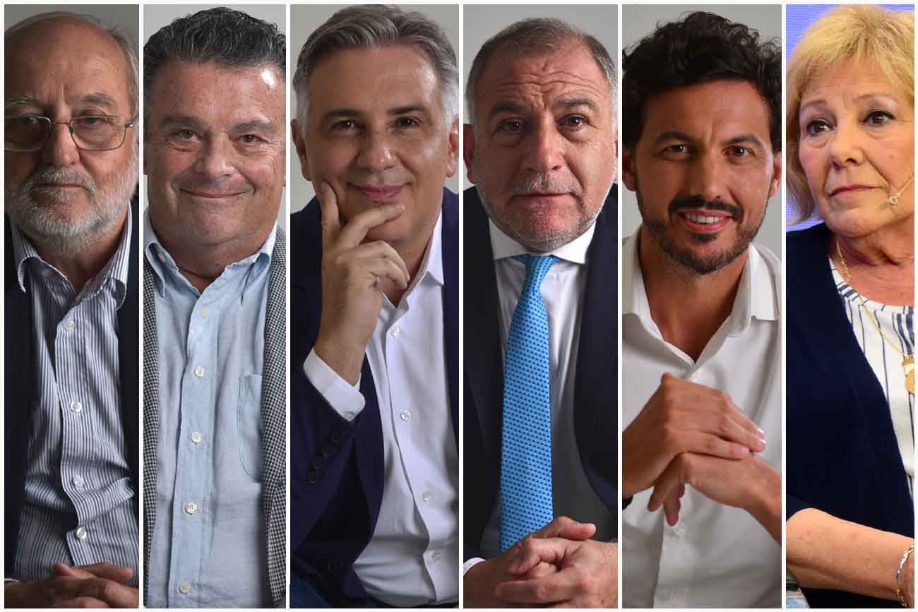 Elecciones 2023 en Córdoba: Aurelio García Elorrio, Rodolfo Eiben, Martín Llaryora, Luis Juez, Federico Alesandri y Liliana Olivero. (La Voz)