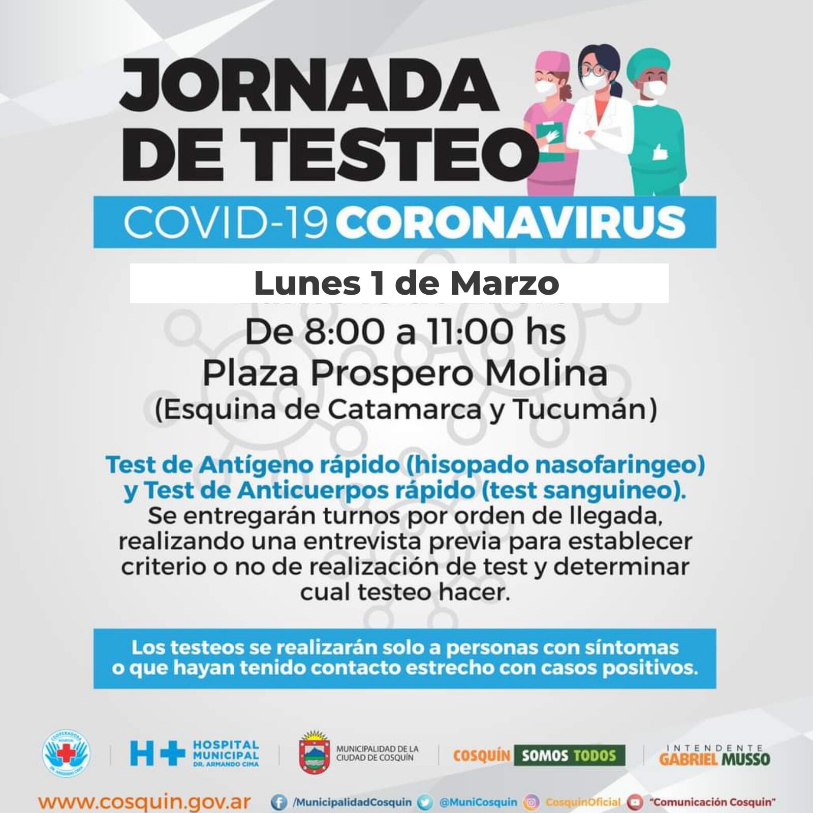 Jornada de testeos Covid-19 en Cosquín.