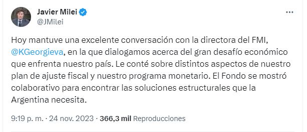 El tuit de Javier Milei.