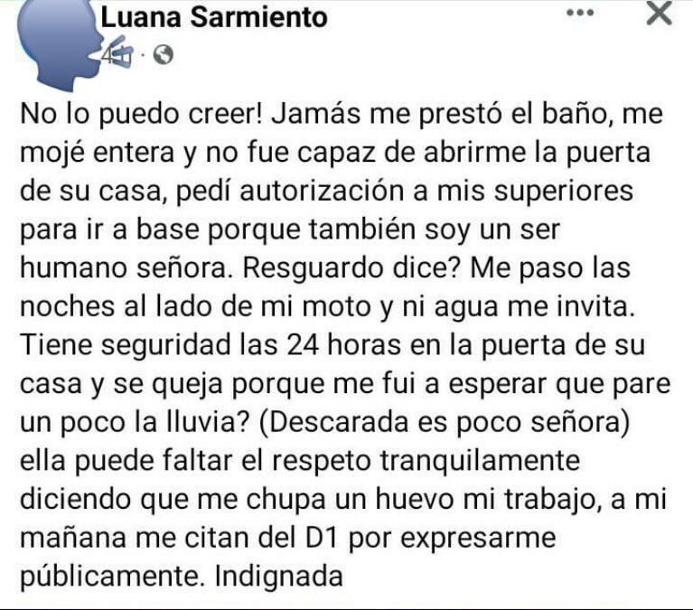 La respuesta de la uniformada que cubría la guardia de seguridad frente a la casa de Karina.