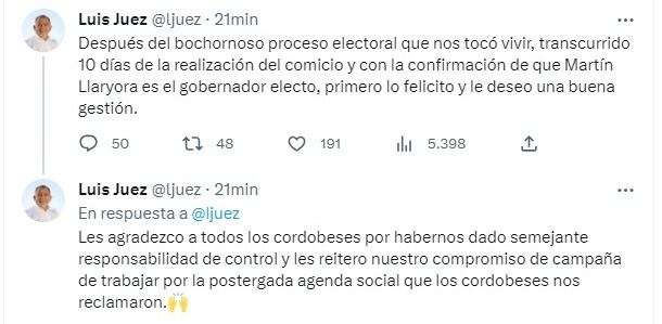 El mensaje de Luis Juez para Martín Llaryora.