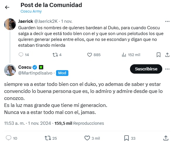 “Estoy desterrado”, Coscu reveló el motivo detrás de su pelea con Duki y Los Del Espacio