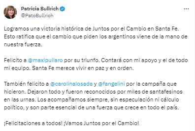 Patricia Bullrich reconoció la vicotria de Pullaro en la interna de Unidos para Cambiar Santa Fe.