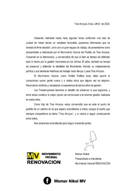 Elecciones 2023 en Tres Arroyos: Werner Nickel precandidato a intendente del Movimiento Vecinal Renovación