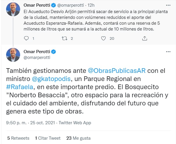 Perotti confirmó también por Twitter el nuevo Parque Regional