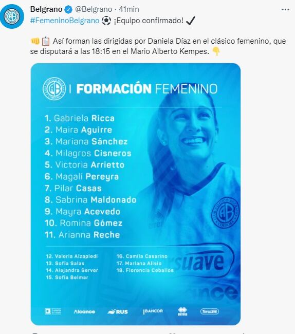 La formación de Belgrano, para el clásico con Talleres.