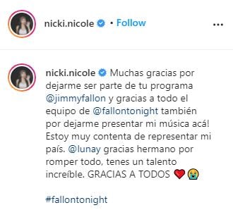 Nicki Nicole y su posteo en redes tras estar en el show de Jimmy Fallon. (Instagram)