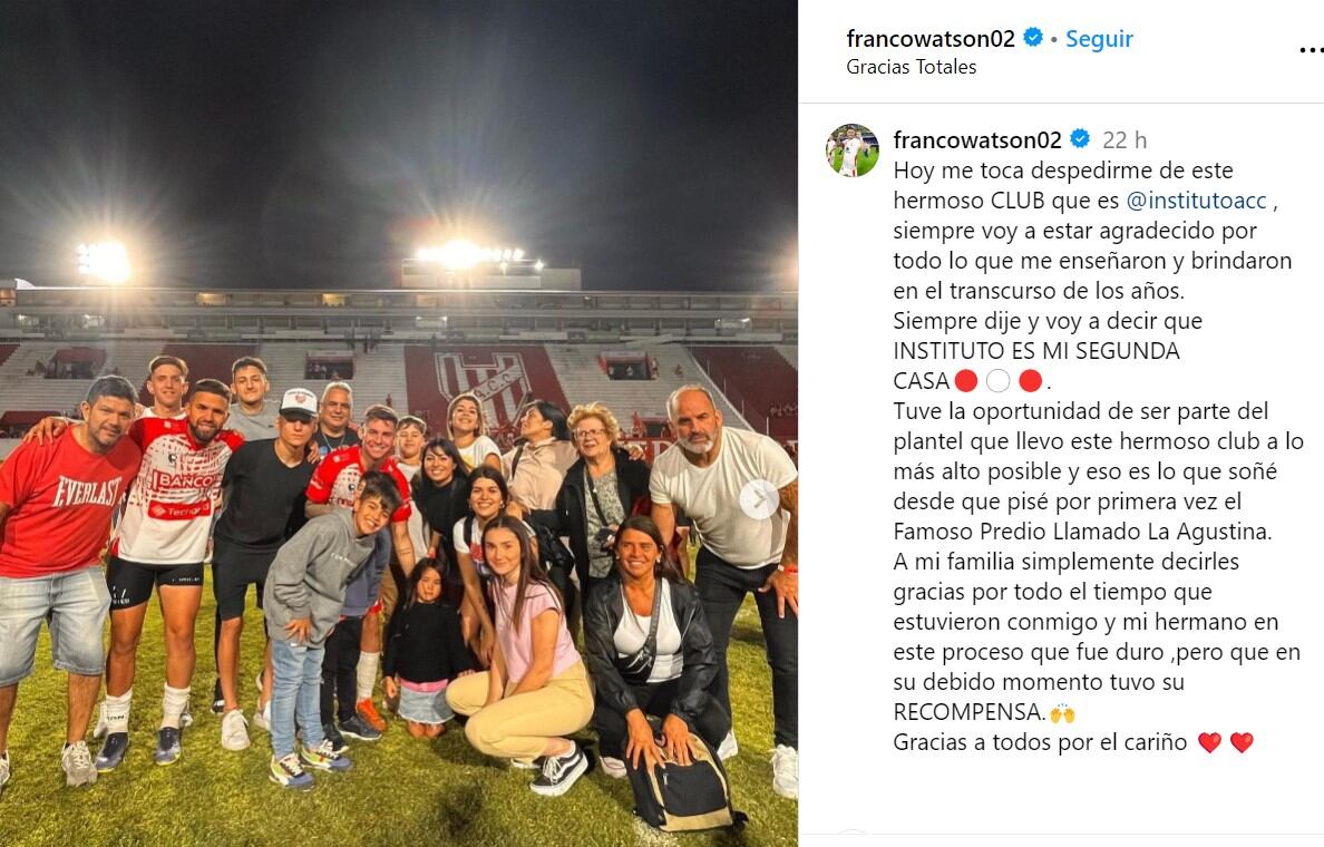 Franco Watson posteó su emotiva despedida de Instituto ya que jugará en Lanús