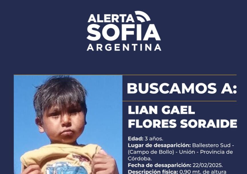 Alerta Sofía por Liam Gael Flores Soraire, el nene desaparecido en Córdoba.