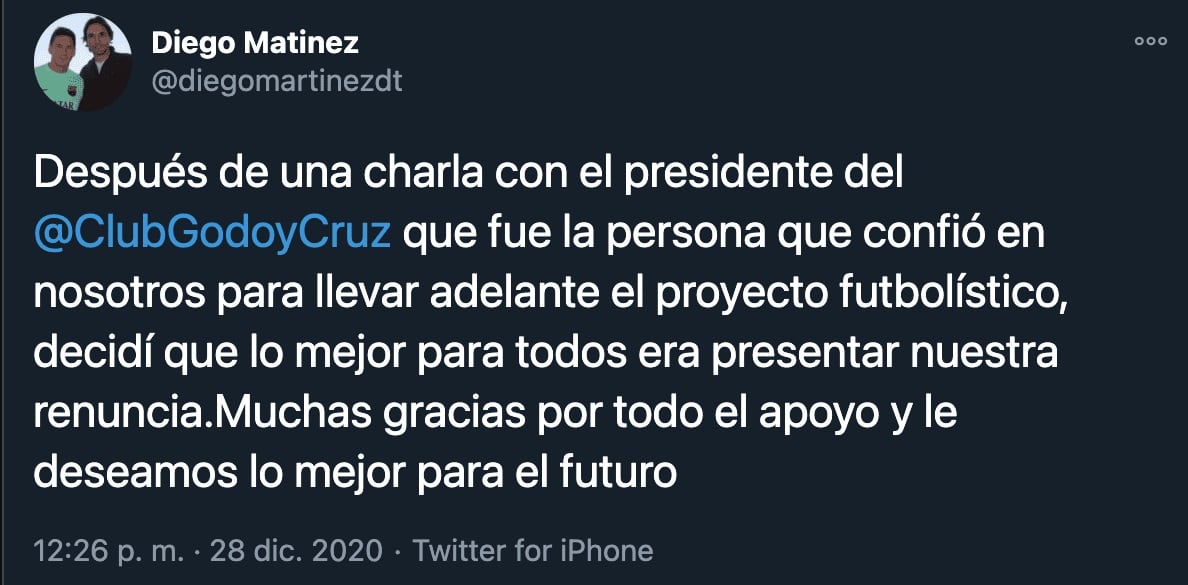 Renunció el técnico de Godoy cruz Diego Martínez y lo hizo saber por medio de su cuenta de Twitter.