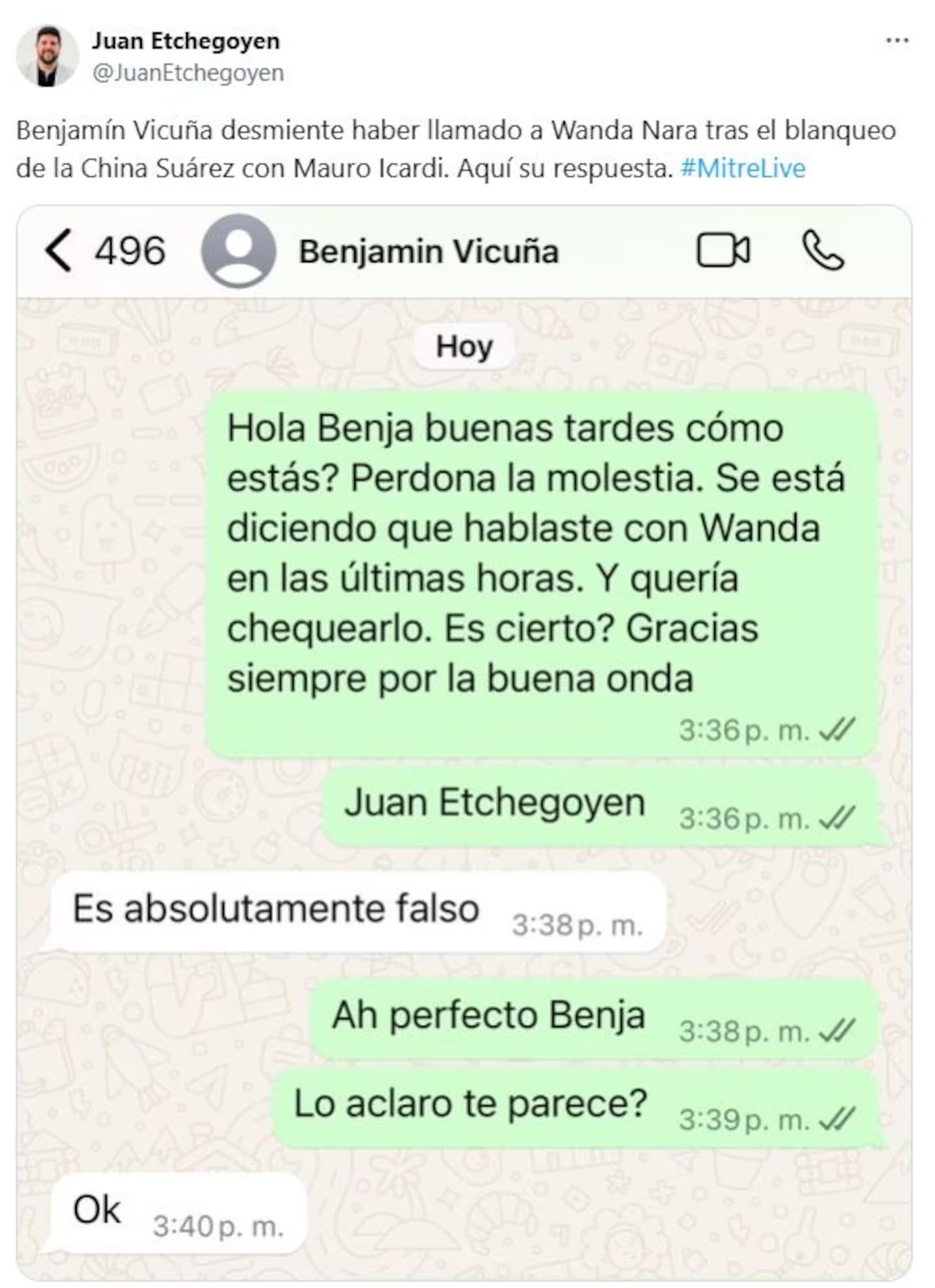 Benjamín Vicuña habló de la su supuesta comunicación con Wanda Nara por la China Suárez