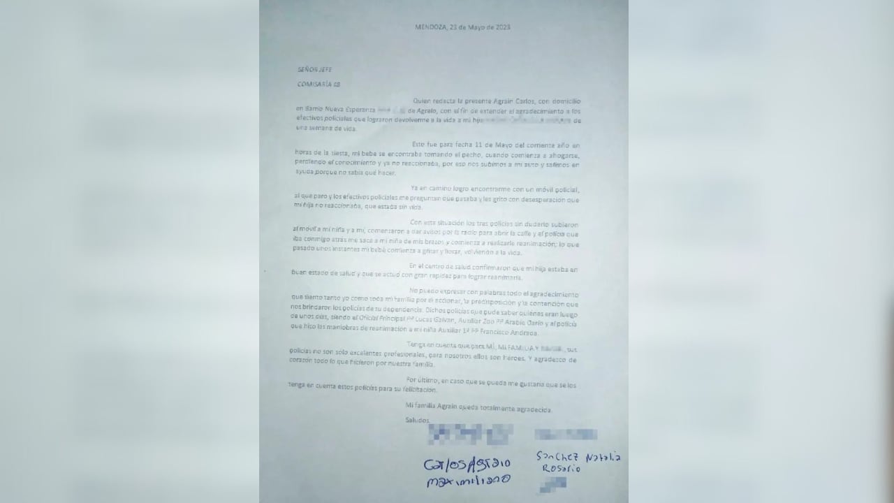 Los padres de la beba enviaron una carta de agradecimiento a los policías que la salvaron