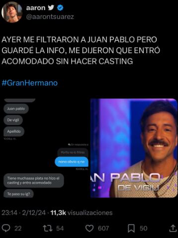 La polémica confesión de un cibernauta sobre el ingreso de Juan Pablo a GH.