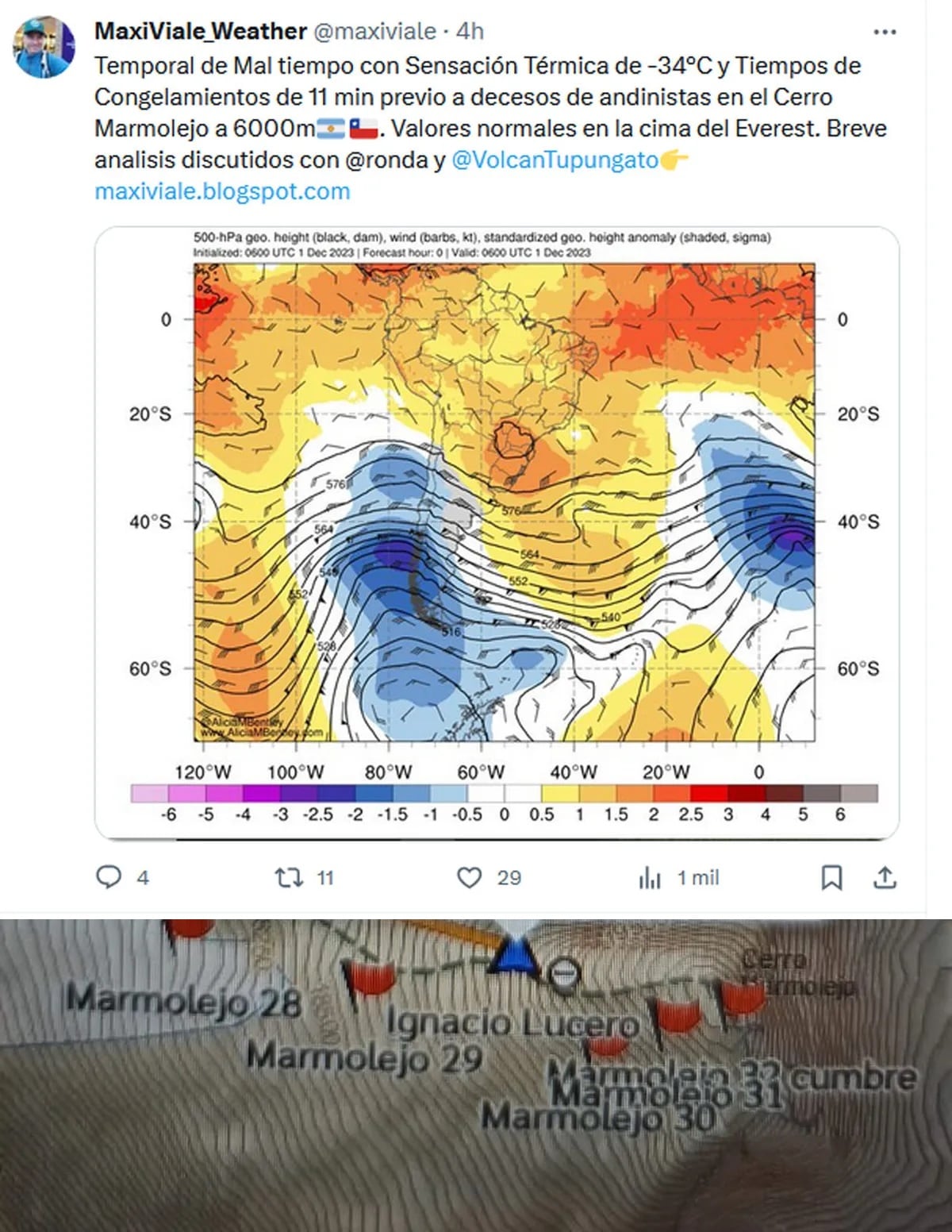 Posteo del meteorólogo Viale.